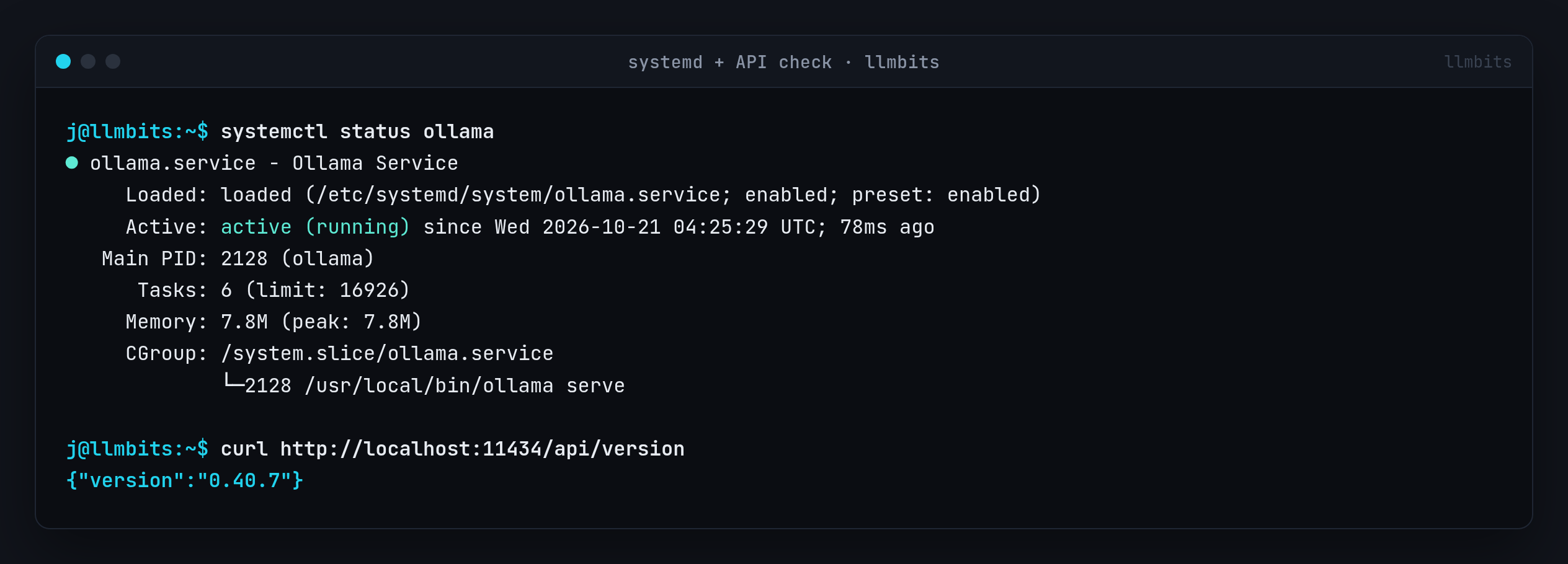 systemctl status ollama showing the service loaded, enabled and active (running) as /usr/local/bin/ollama serve, followed by curl to /api/version returning version 0.40.7