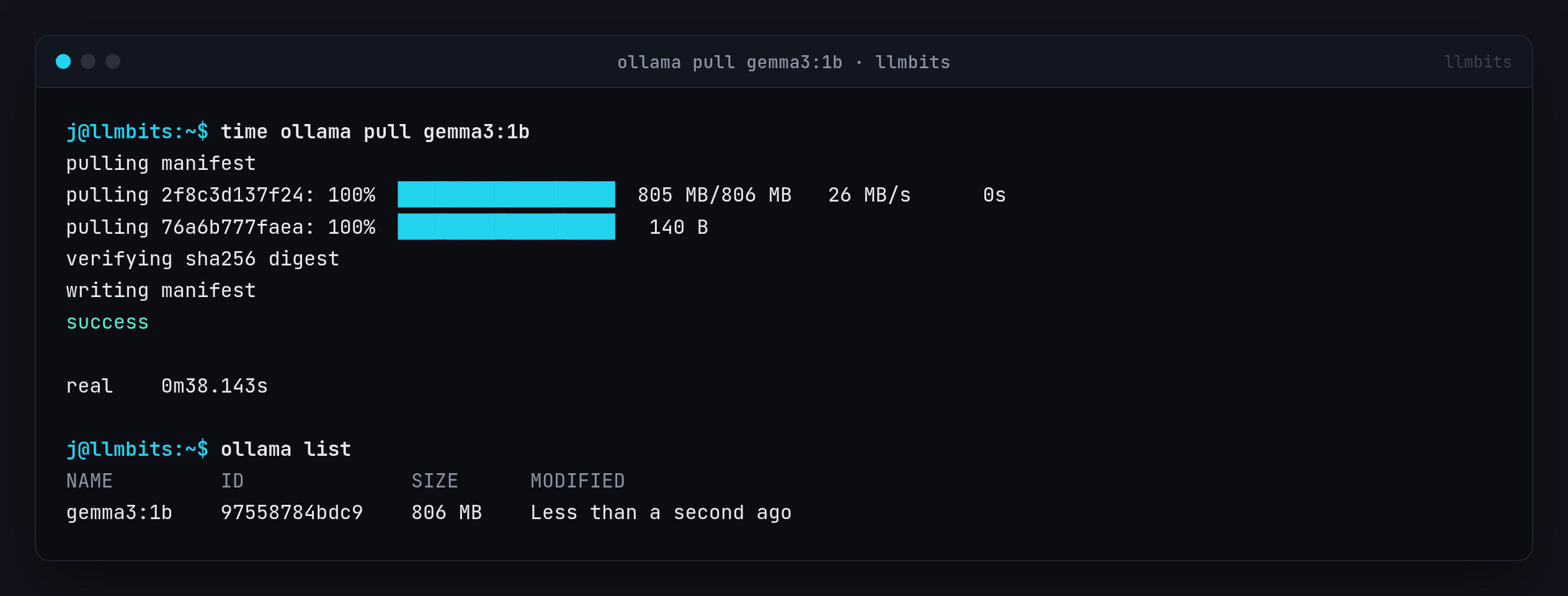 ollama pull gemma3:1b downloading 806 MB at 26 MB/s and finishing with success in 38 seconds, then ollama list showing gemma3:1b, ID 97558784bdc9, size 806 MB