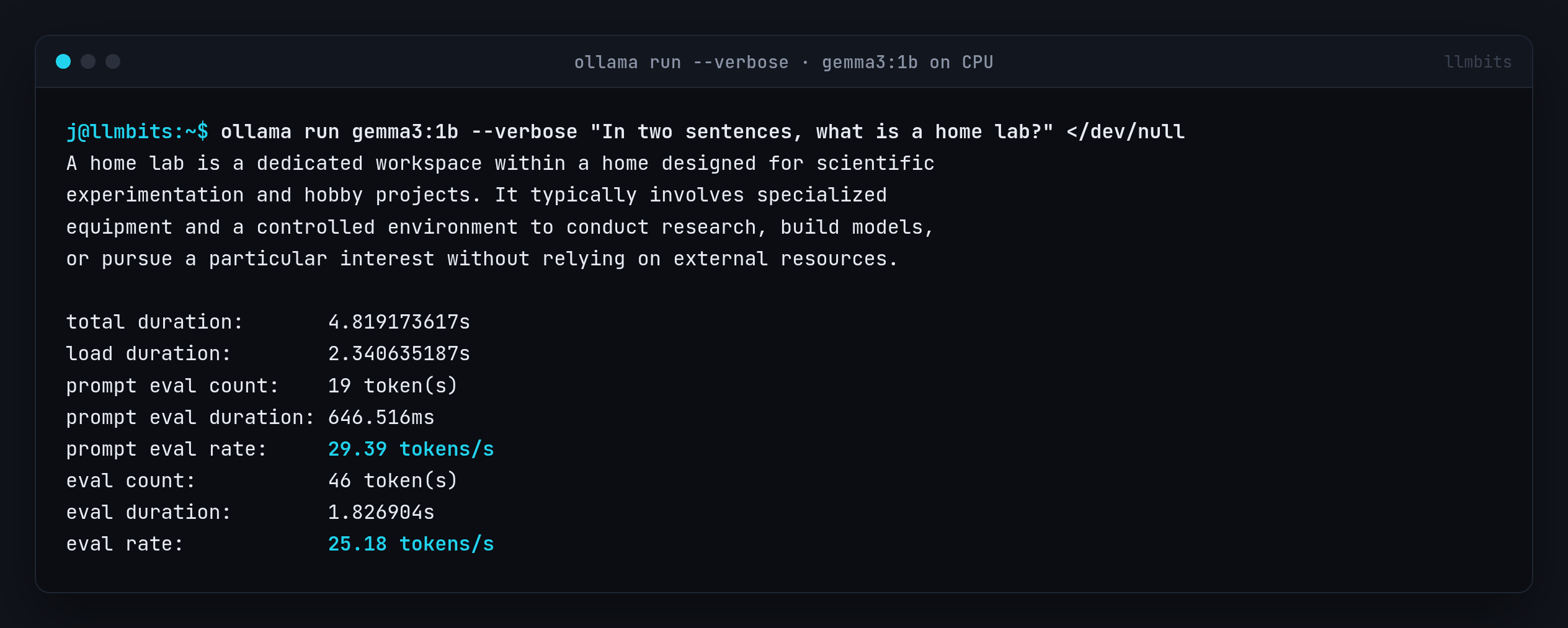 ollama run gemma3:1b --verbose output: the model describes a home lab as a workspace for scientific experimentation, followed by stats including total duration 4.8s, load duration 2.3s, prompt eval rate 29.39 tokens/s and eval rate 25.18 tokens/s