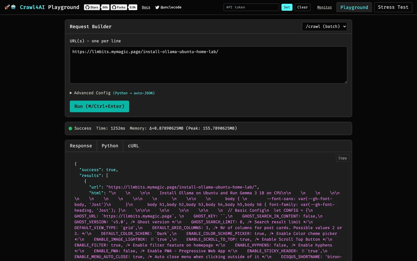 Crawl4AI playground in dark mode showing the LLMBits Ollama URL, a successful crawl, and the real JSON response.