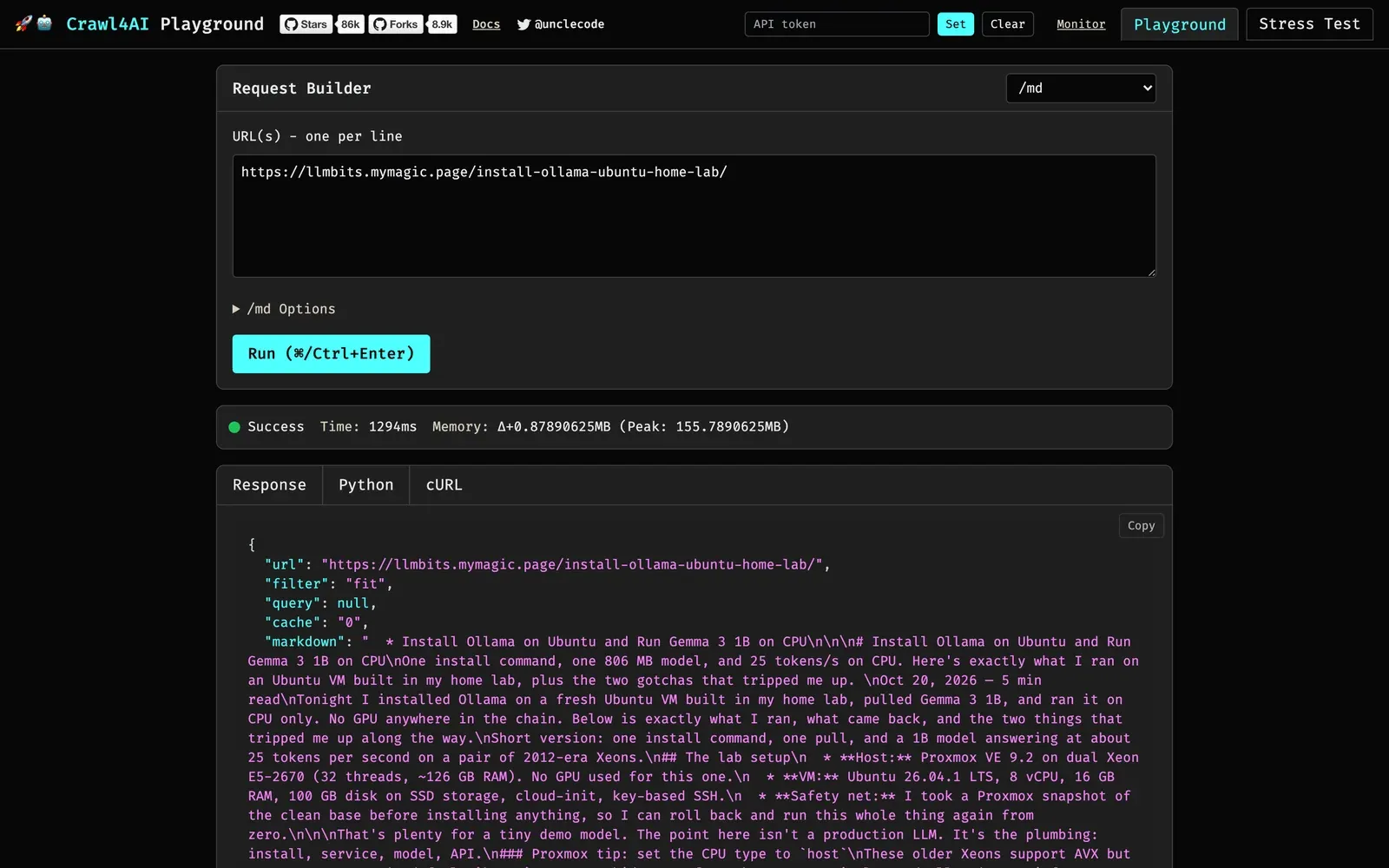 Crawl4AI playground showing a successful Markdown request and the opening text of the LLMBits Ollama article.