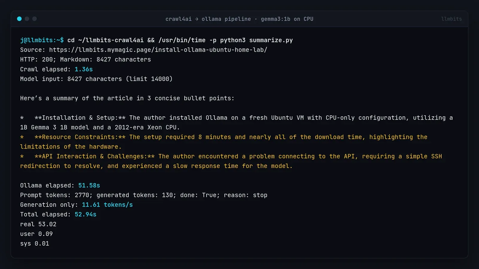 Terminal output of the Crawl4AI to Ollama pipeline: HTTP 200, 8427 Markdown characters, crawl 1.36s, Gemma 3 1B three-bullet summary with two inaccurate bullets highlighted, Ollama 51.58s, 11.61 tokens/s, total 52.94s