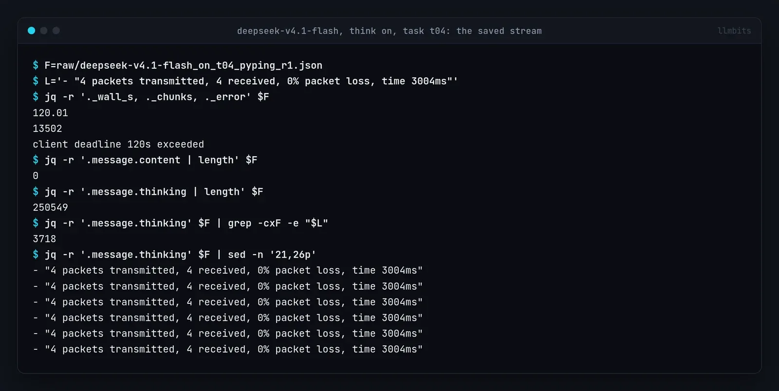 Terminal output from jq on the saved DeepSeek response: 120.01 seconds, 13,502 chunks, client deadline exceeded, content length 0, thinking length 250,549, and the line about 4 packets transmitted repeated 3,718 times