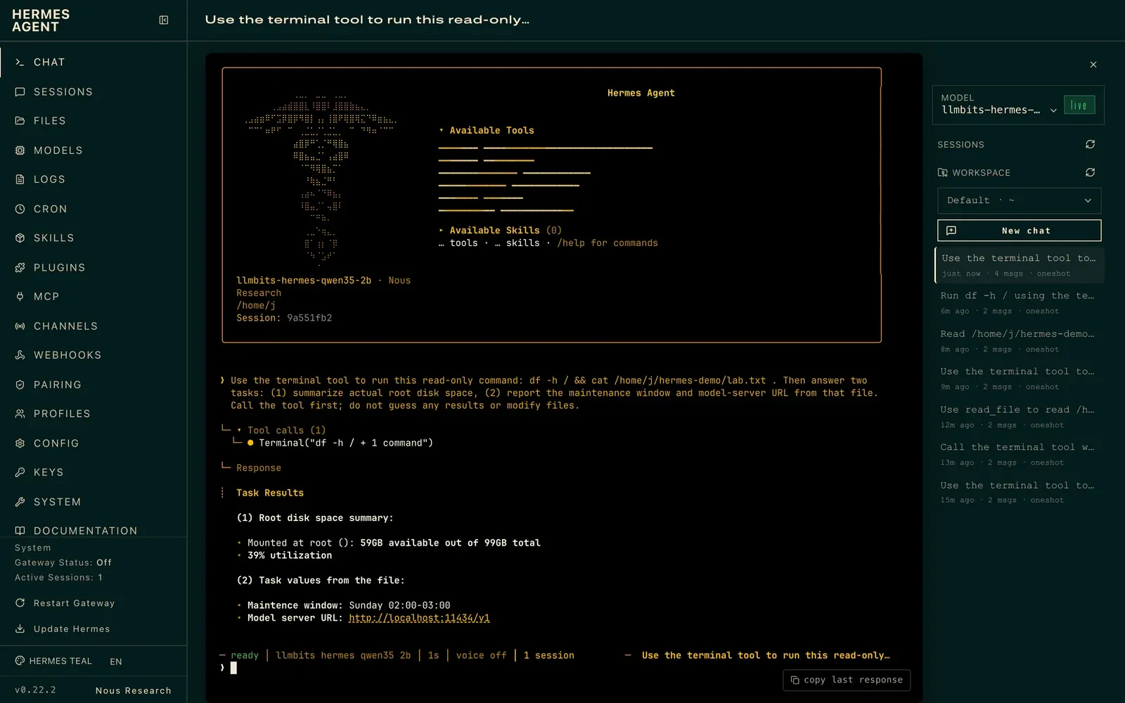 Hermes Agent dashboard showing the qwen3.5 2b session calling the terminal tool and reporting 59GB available of 99GB, 39% used, and the maintenance window and model server URL from the file