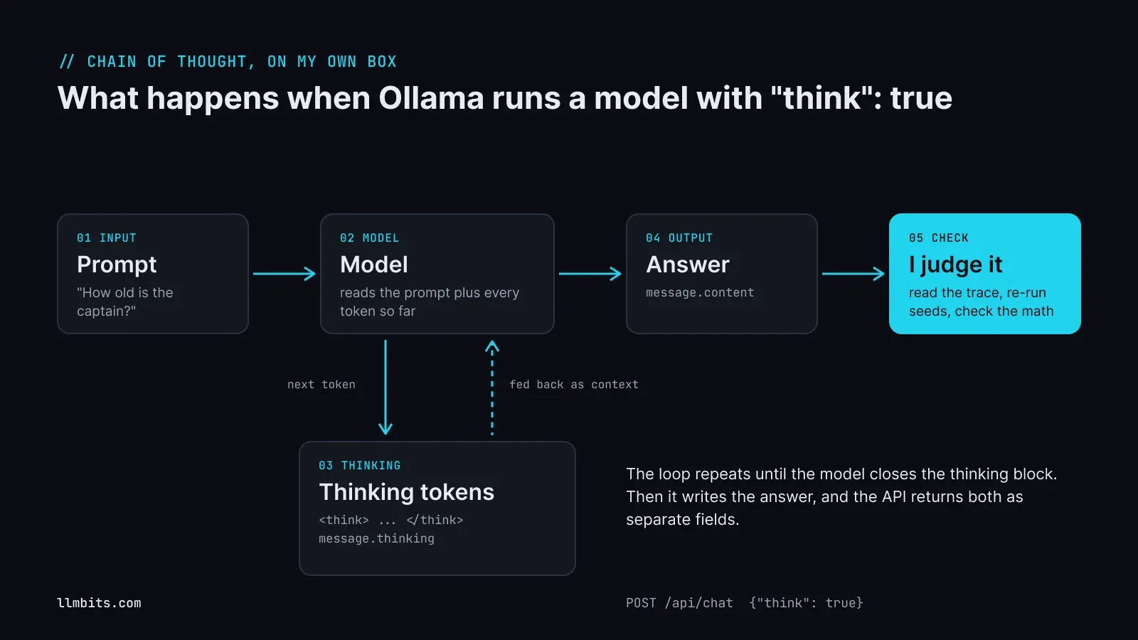 Diagram of the chain of thought loop in Ollama: the prompt goes into the model, the model writes thinking tokens that return as context for the next token, the answer comes back in message.content, and I judge the result by reading the trace, re-running seeds and checking the math