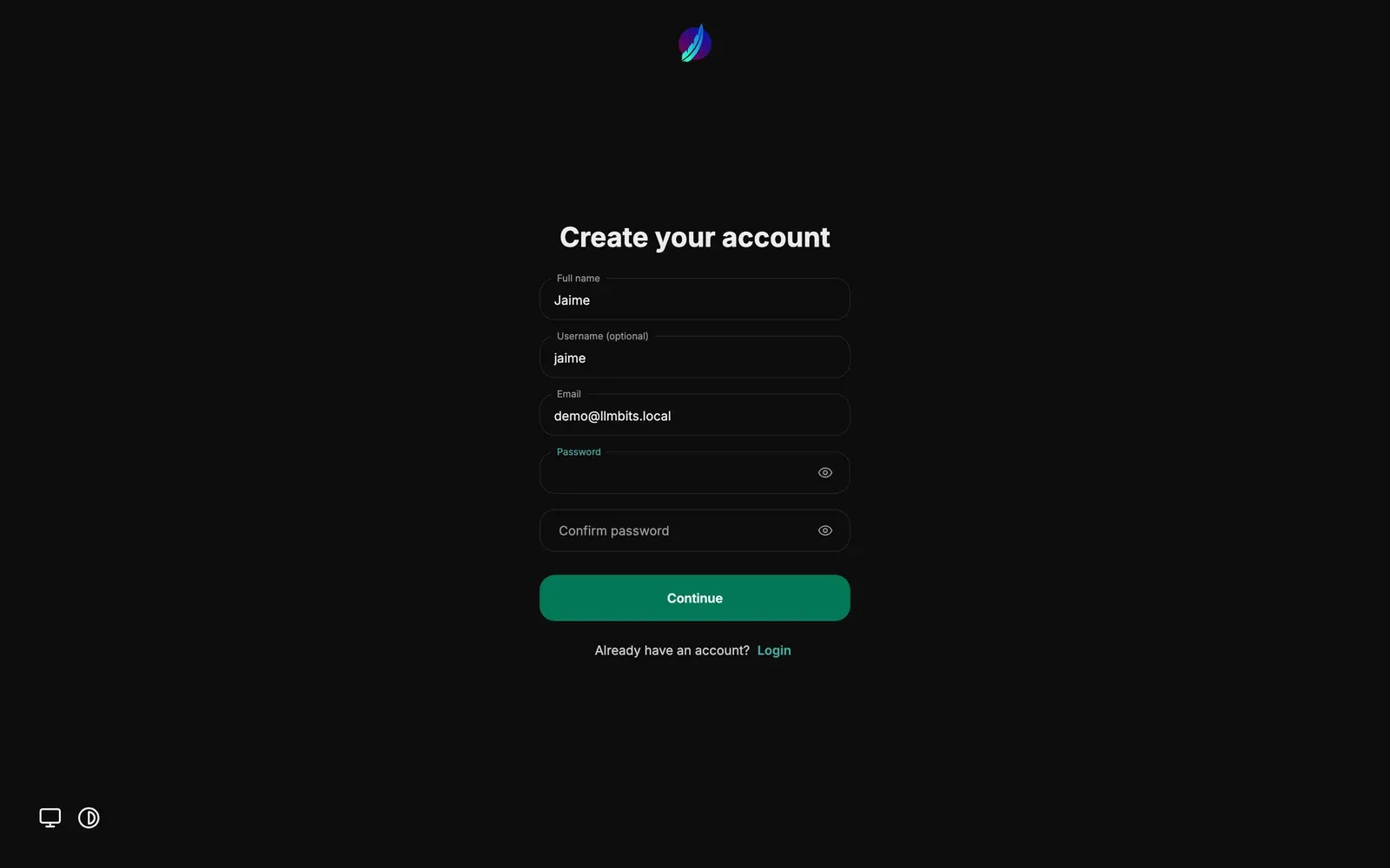 LibreChat registration form showing Jaime, username jaime and demo@llmbits.local, with blank password fields.