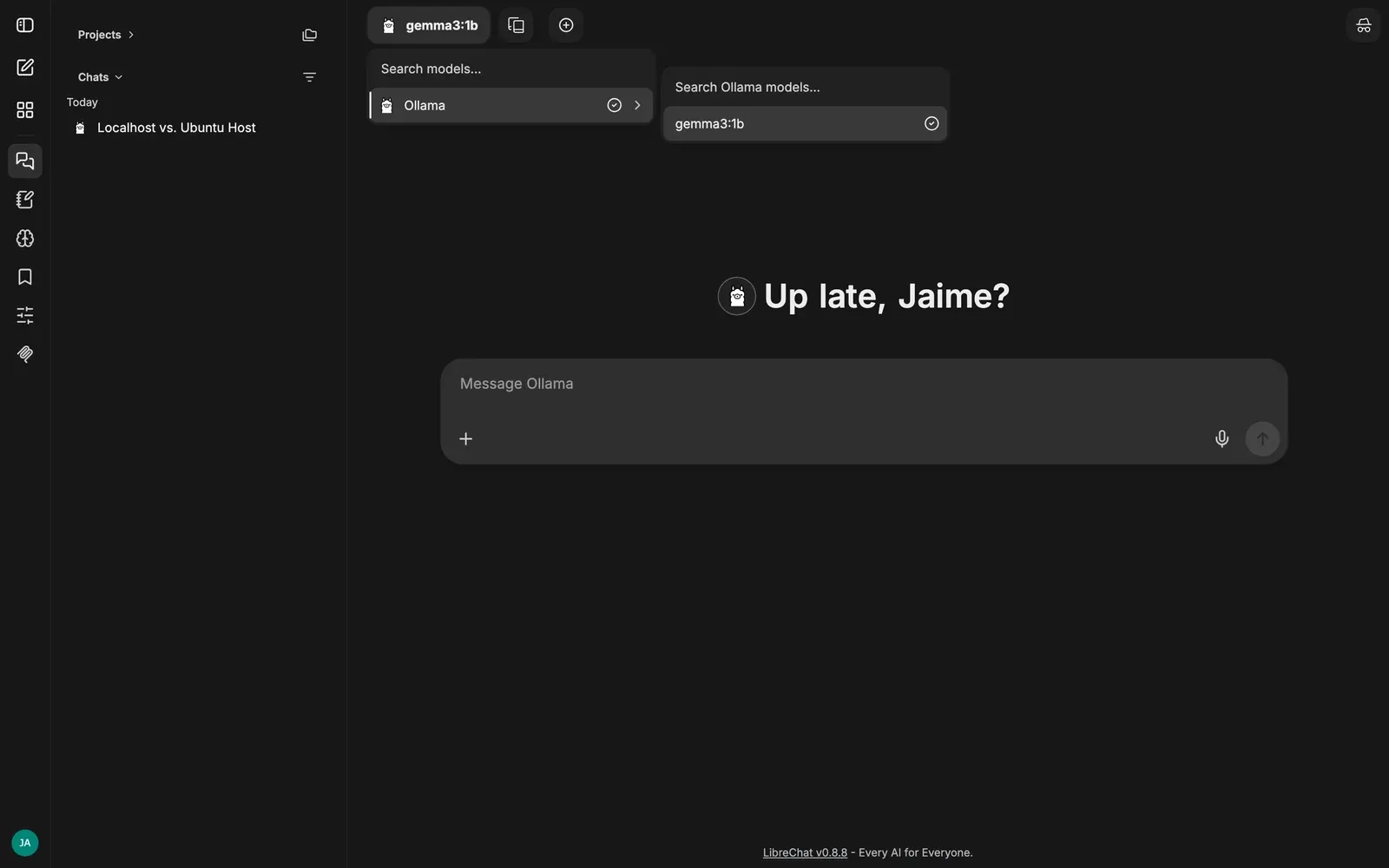 LibreChat model menu expanded to Ollama, with gemma3:1b selected in its submenu.