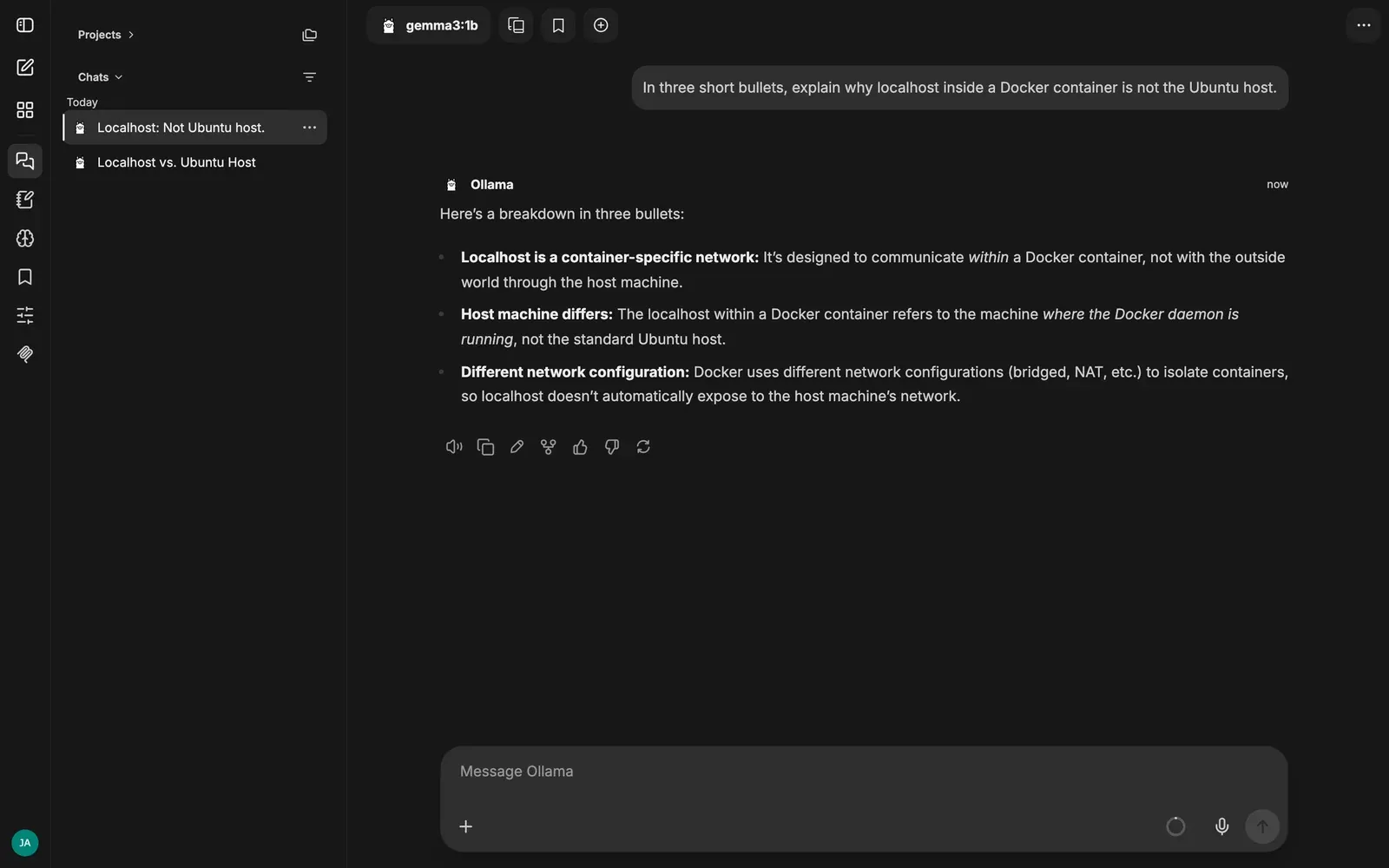 Gemma3 1B's completed three-bullet Docker localhost explanation in LibreChat, with saved chats in the sidebar.