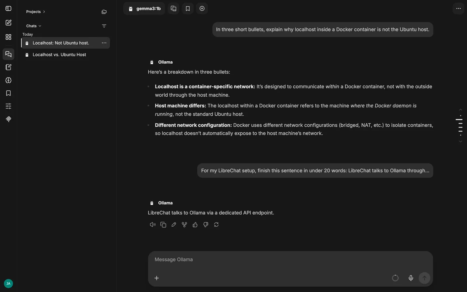 LibreChat showing two user prompts and Gemma3 1B replies, ending with a dedicated API endpoint answer.