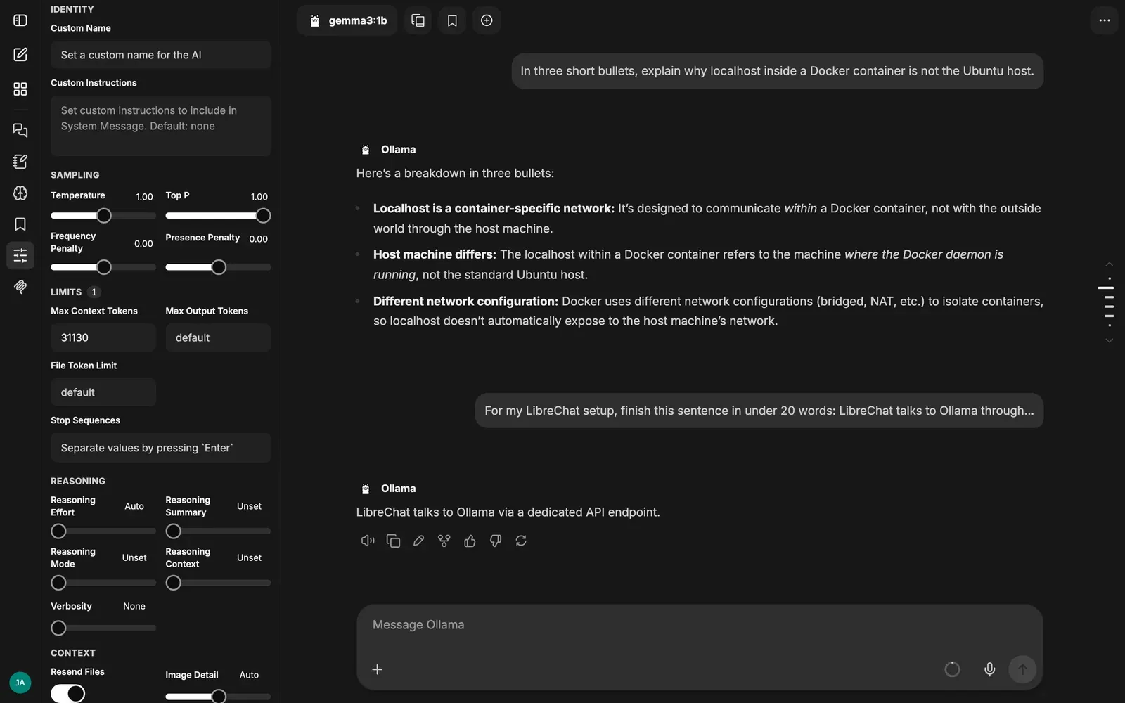LibreChat parameters drawer showing custom instructions, sampling and token controls beside the completed two-turn chat.