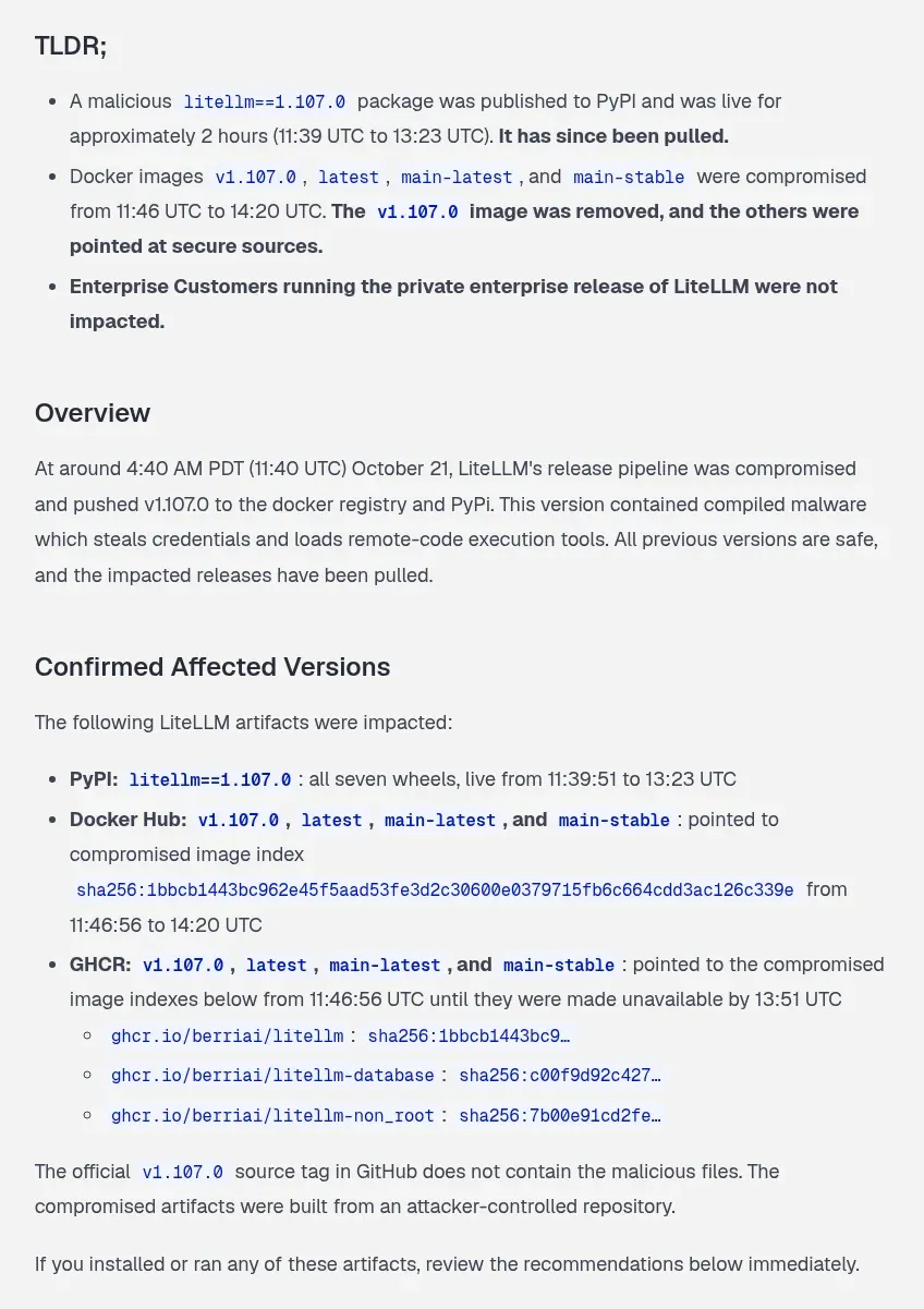 Screenshot of LiteLLM's official incident post: the TLDR gives the PyPI window for 1.107.0 and the Docker window for the v1.107.0, latest, main-latest and main-stable tags, and the affected versions list includes the malicious image index digest