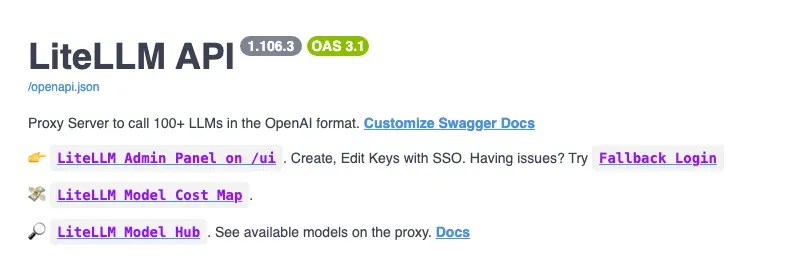 Screenshot of the LiteLLM proxy's Swagger page on localhost with the version badge 1.106.3 and links to the admin panel at /ui