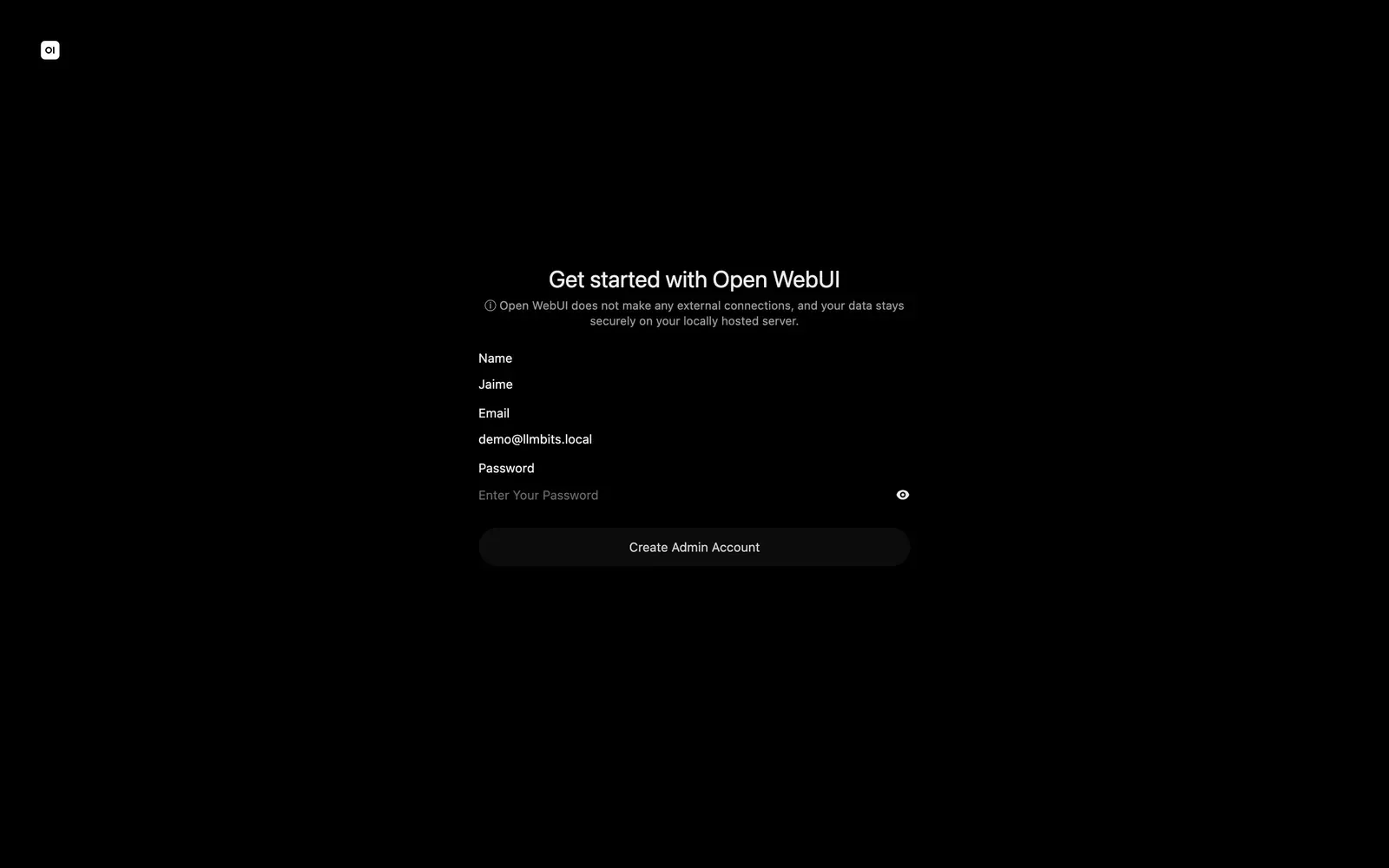 Create Admin Account form with Jaime and demo@llmbits.local entered
