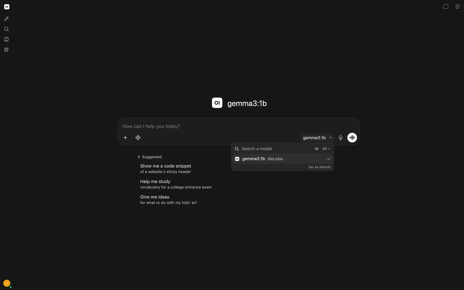 Empty dark-mode chat with gemma3:1b selected in the model picker