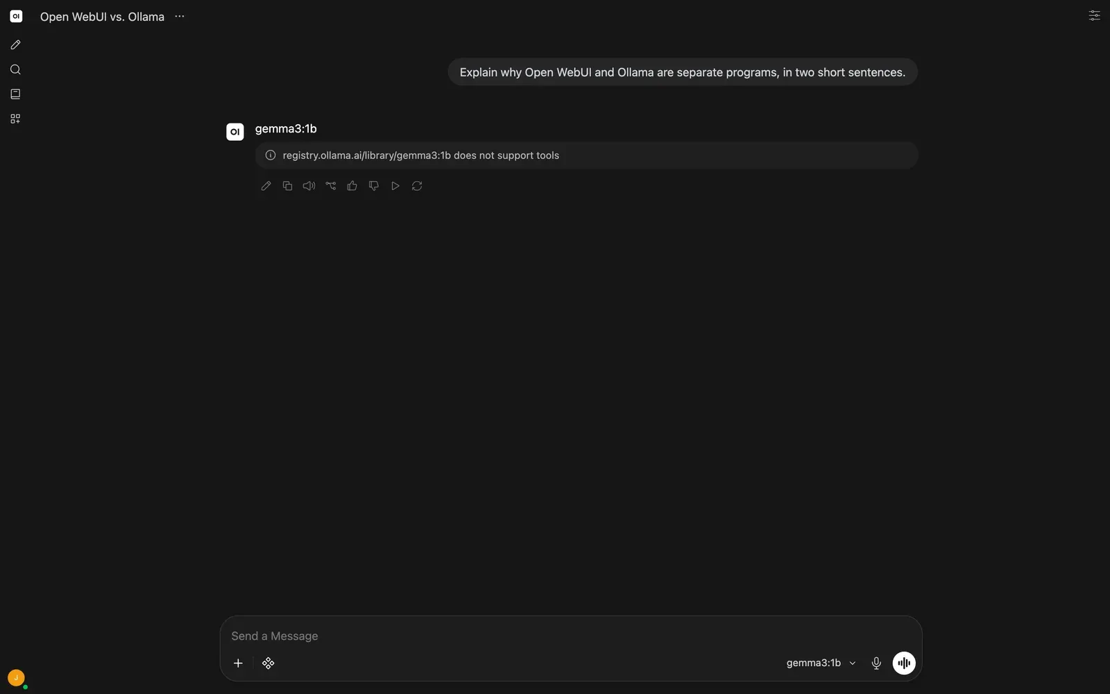 Gemma chat showing the real does-not-support-tools error