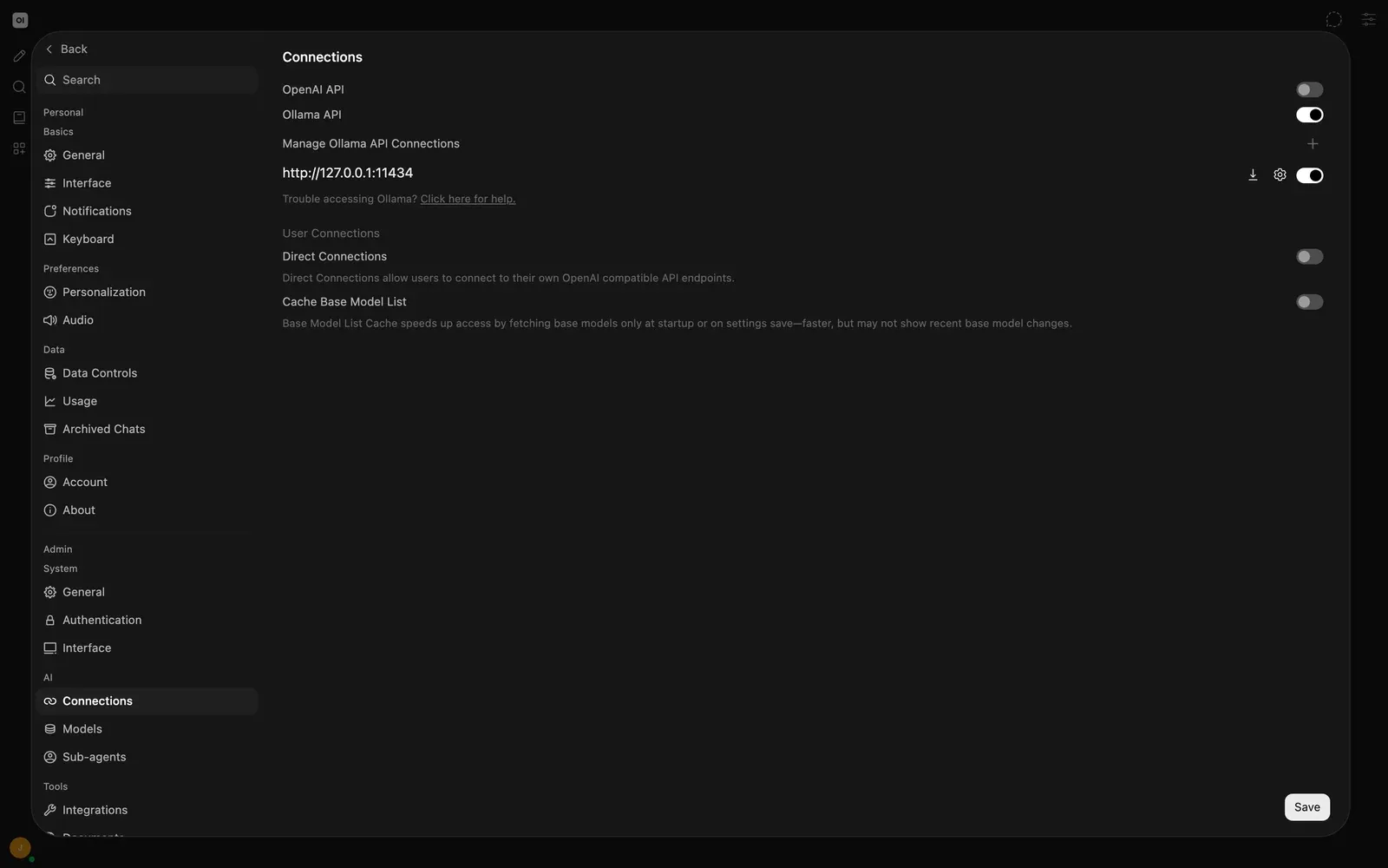 Admin Connections settings pointing Ollama at http://127.0.0.1:11434