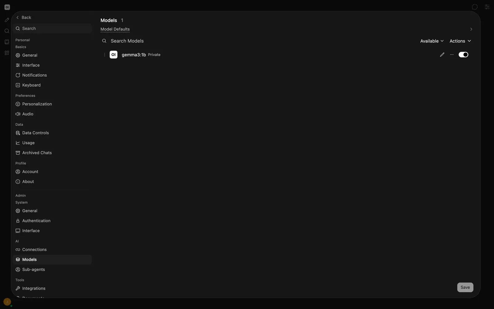 Admin Models settings listing the connected gemma3:1b model