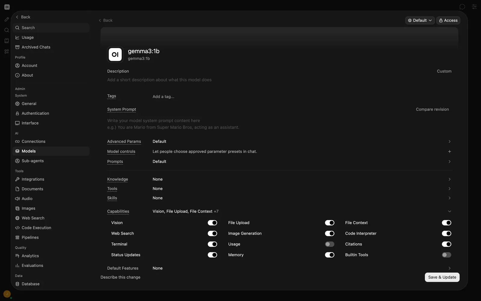 Gemma model editor with Capabilities expanded and Builtin Tools switched off