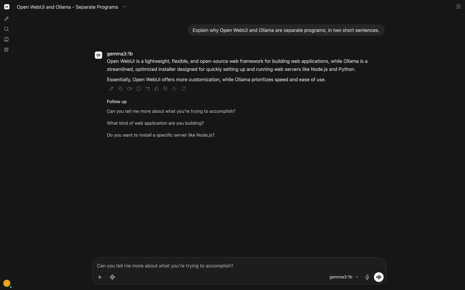 Completed Gemma reply incorrectly describing Open WebUI and Ollama