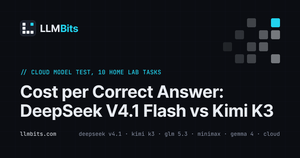 LLMBits card: DeepSeek V4.1 Flash vs Kimi K3, real cost per correct answer