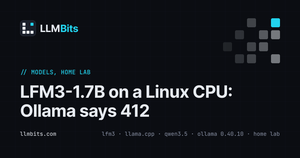 LLMBits card: LFM3-1.7B on a Linux CPU with a self-built llama.cpp after the Ollama 412